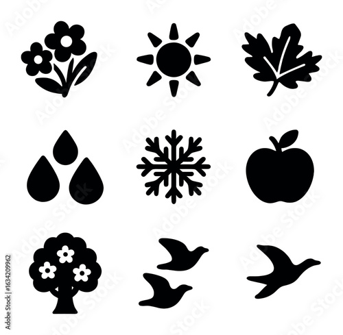 Seasonal Nature Icons. Solid, filled icons set of seasonal nature design: spring flowers, summer sun, autumn