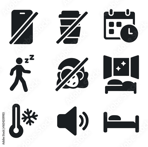 Healthy Sleep Icons. Solid, filled icons set of healthy sleep habits: no phone, no caffeine, regular schedule,