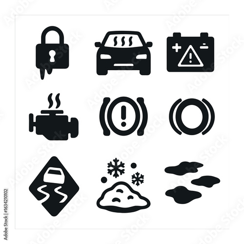 Winter Car Warning Icons. Solid, filled icons set of winter car problem indicators: frozen locks, foggy