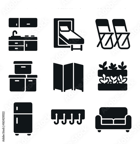 Tiny Apartment Essentials Icons. Solid, filled icons set of tiny apartment essentials: kitchenette, Murphy bed