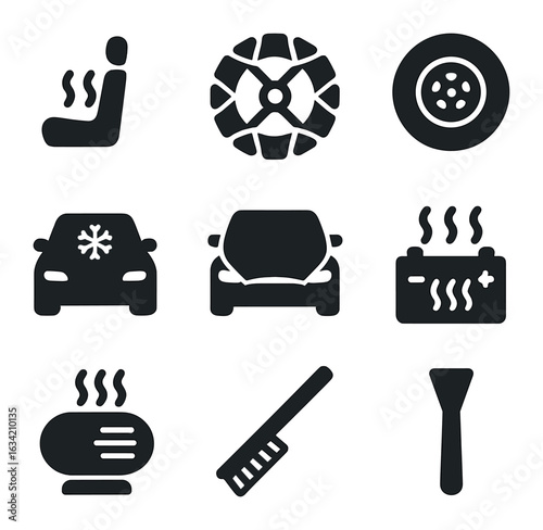 Winter Vehicle Icons. Solid, filled icons set of winter vehicle accessories: heated seats, snow chains, snow