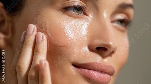 Radiant Beauty: A close-up view of a woman's face showcases the delicate application of skincare, with soft light enhancing natural glow. The image focuses on the texture of the skin.