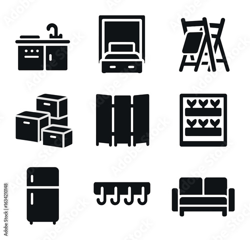 Tiny Apartment Essentials Icons. Solid, filled icons set of tiny apartment essentials: kitchenette, Murphy bed