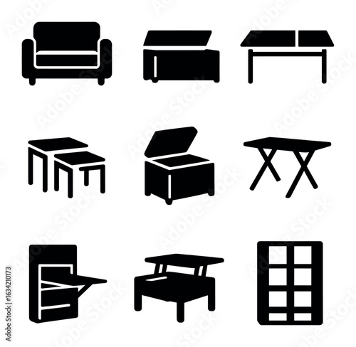Space-Saving Furniture Icons. Solid, filled icons set of multi-purpose furniture for small spaces: sofa bed,