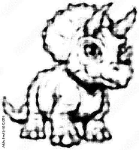 Cute baby triceratops in black and white halftone style, line art illustration