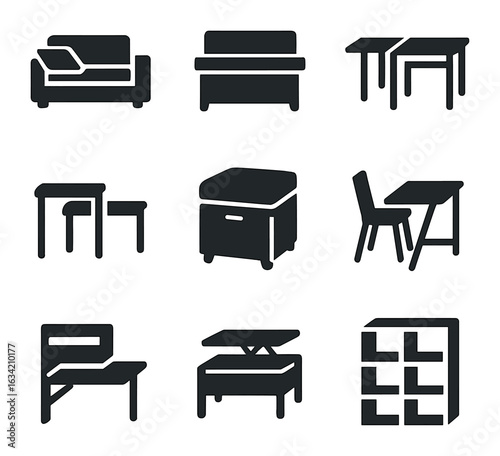 Space-Saving Furniture Icons. Solid, filled icons set of multi-purpose furniture for small spaces: sofa bed,