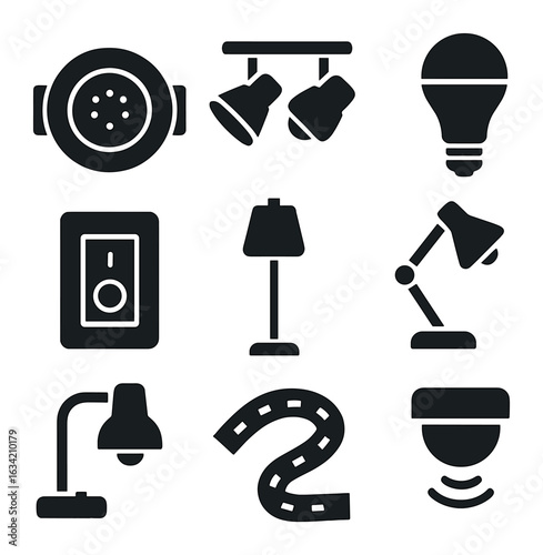 Smart Lighting Icons. Solid, filled icons set of smart lighting for small spaces: recessed lights, track