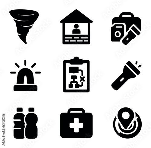 Tornado Safety Icons. Solid, filled icons set of tornado safety: tornado funnel, safe basement, emergency