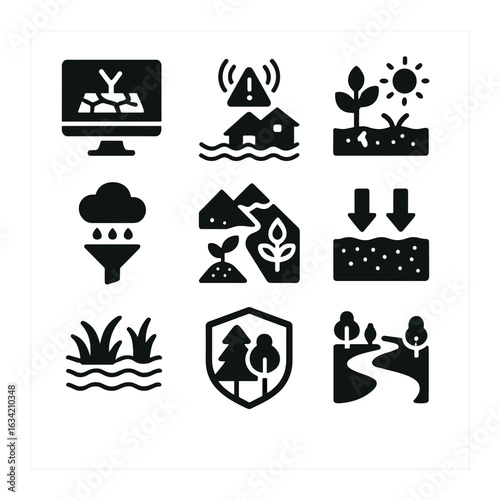 Climate Adaptation Icons. Solid, filled icons set of climate adaptation and water: drought monitoring, flood