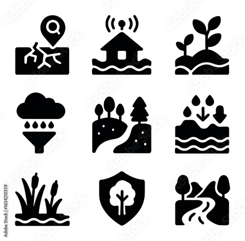 Climate Adaptation Icons. Solid, filled icons set of climate adaptation and water: drought monitoring, flood