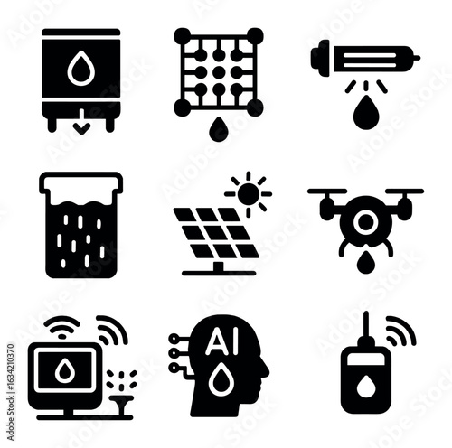 Innovative Water Tech Icons. Solid, filled icons set of innovative water technologies: atmospheric water