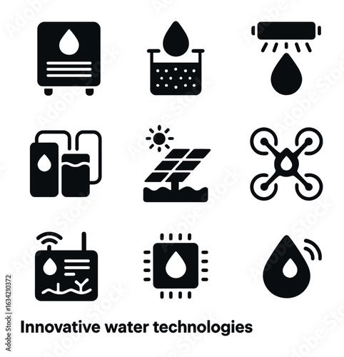 Innovative Water Tech Icons. Solid, filled icons set of innovative water technologies: atmospheric water