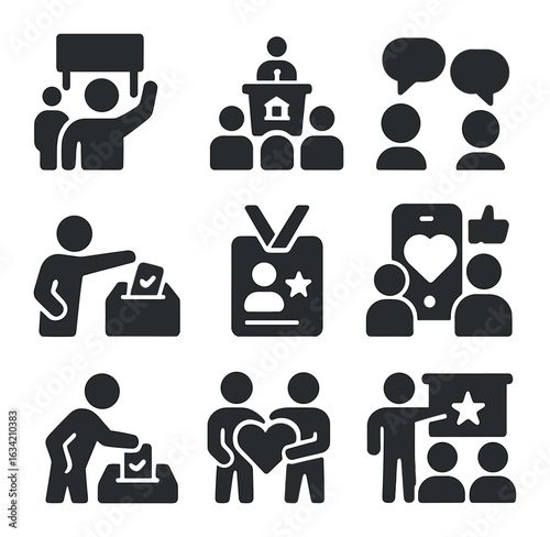 Youth Engagement Icons. Solid, filled icons set of youth political engagement: student protest, youth
