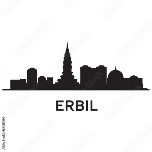 Erbil skyline, monochrome silhouette. Vector illustration. Vector black silhouette. with white background.