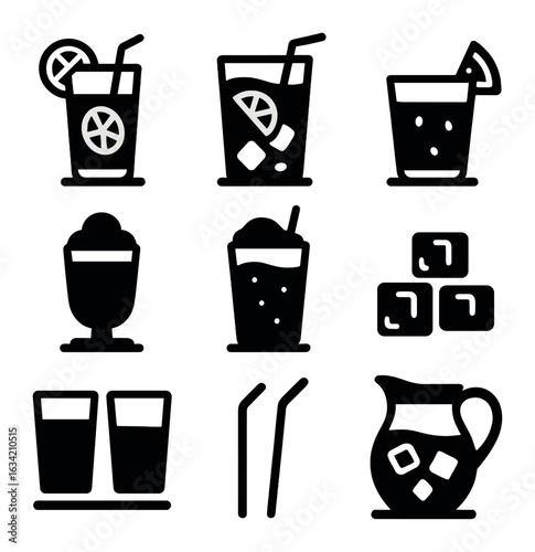Summer Fruit Drinks Icons. Solid, filled icons set of summer fruit drinks on kitchen counter: lemonade, iced