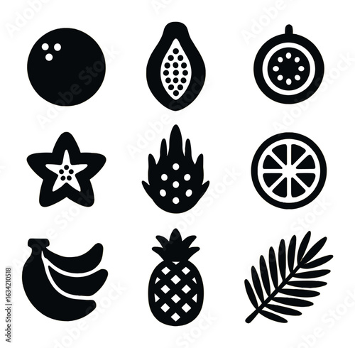 Tropical Fruits Icons. Solid, filled icons set of tropical summer fruits on kitchen counter: coconut, papaya,
