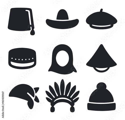 Traditional Headwear Icons. Solid, filled icons set of traditional headwear: fez, sombrero, beret, kufi, hijab