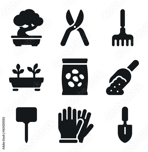 Miniature Gardening Icons. Solid, filled icons set of miniature gardening: bonsai tree, pruning shears, mini