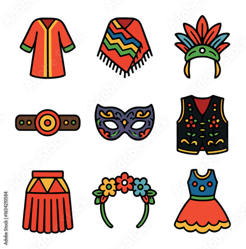 Ethnic Festival Icons. Solid, filled icons set of ethnic clothing for festivals: colorful robes, patterned