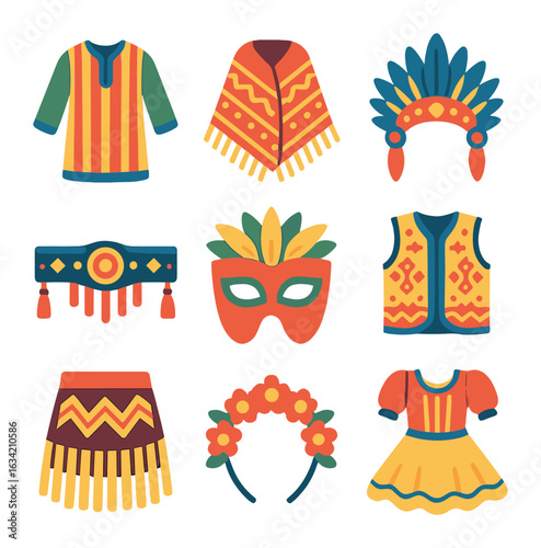 Ethnic Festival Icons. Solid, filled icons set of ethnic clothing for festivals: colorful robes, patterned