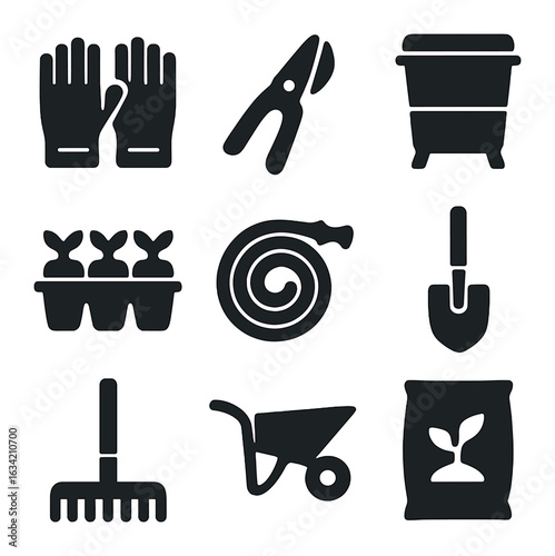 Summer Garden Tools Icons. Solid, filled icons set of summer garden tools: garden gloves, pruning shears,