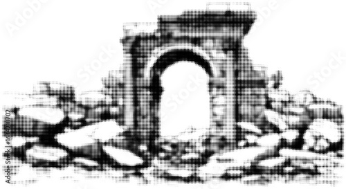 Ancient stone arch in black and white surrounded by scattered rocks