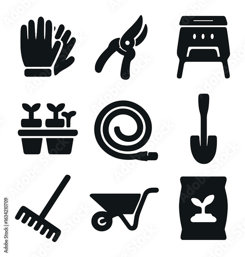 Summer Garden Tools Icons. Solid, filled icons set of summer garden tools: garden gloves, pruning shears,