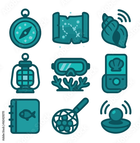 Underwater Exploration Icons. Solid, filled icons set of underwater exploration tools: bubble compass, glowing