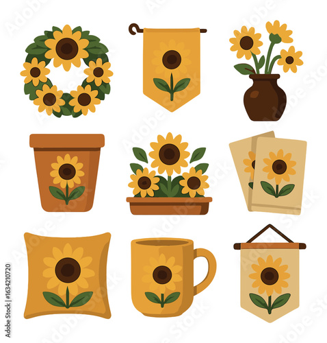Sunflower Decor Icons. Solid, filled icons set of sunflower-themed decor: sunflower wreath, garden flag,