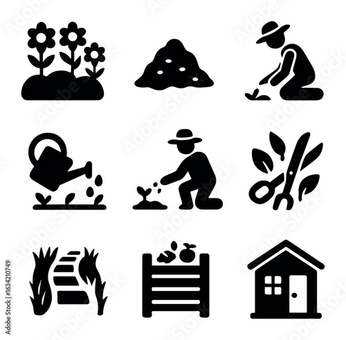 Summer Gardening Icons. Solid, filled icons set of summer gardening scenes: flowerbed, mulch pile, gardener