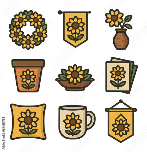 Sunflower Decor Icons. Solid, filled icons set of sunflower-themed decor: sunflower wreath, garden flag,