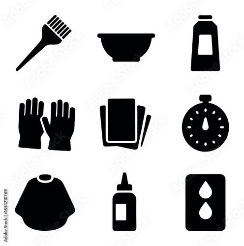 Hair Dye Accessories. Solid, filled icons set of hair dyeing accessories: dye brush, mixing bowl, color tube,