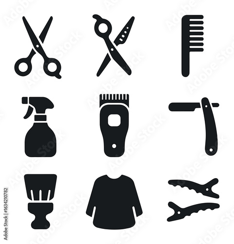 Haircut Tool Icons. Solid, filled icons set of haircut tools flat lay: hair scissors, thinning shears, comb,