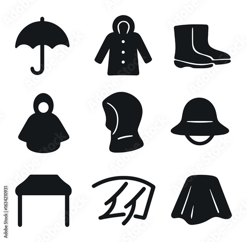 Rain Protection Icons. Solid, filled icons set of rain protection gear: umbrella, raincoat, waterproof boots,