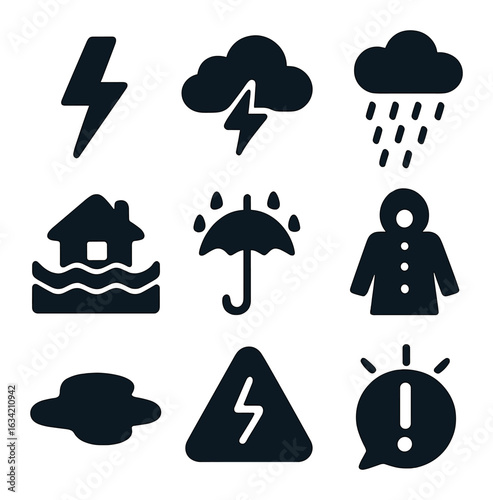 Weather Icon Set. Solid, filled icons set of thunderstorms and downpours: lightning bolt, thundercloud, heavy