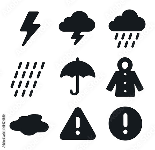 Weather Icon Set. Solid, filled icons set of thunderstorms and downpours: lightning bolt, thundercloud, heavy