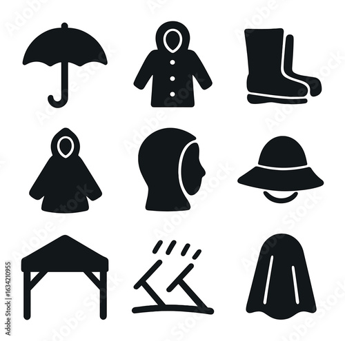 Rain Protection Icons. Solid, filled icons set of rain protection gear: umbrella, raincoat, waterproof boots,