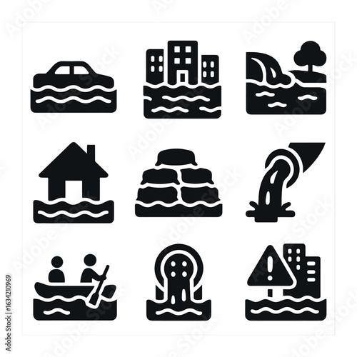Flood Impact Icons. Solid, filled icons set of flooding and its impact on urban areas: submerged car, flooded