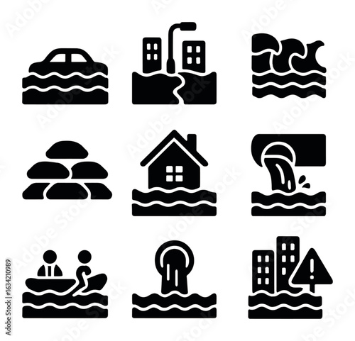 Flood Impact Icons. Solid, filled icons set of flooding and its impact on urban areas: submerged car, flooded