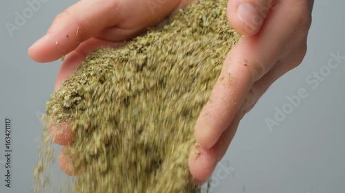 Dried natural oregano pouring from hands, slow motion