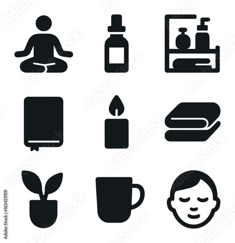 Minimalist Self-Care Icons. Solid, filled icons set of minimalist self-care: meditation pose, essential oil
