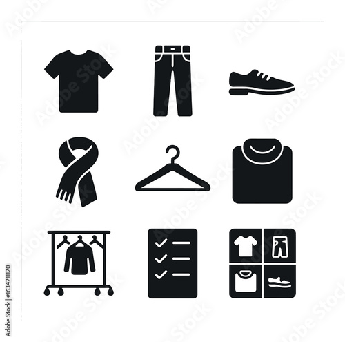 Capsule Wardrobe Icons. Solid, filled icons set of capsule wardrobe: basic t-shirt, jeans, neutral shoes,