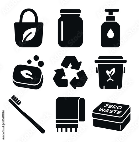 Sustainable Living Icons. Solid, filled icons set of sustainable living: cloth bag, glass jar, refill bottle,