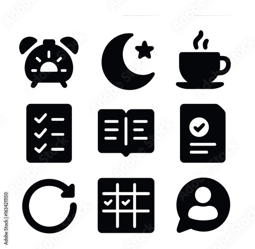 Routine Icons Grid. Solid, filled icons set of intentional routines: sunrise alarm, bedtime icon, morning