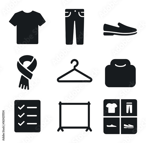 Capsule Wardrobe Icons. Solid, filled icons set of capsule wardrobe: basic t-shirt, jeans, neutral shoes,