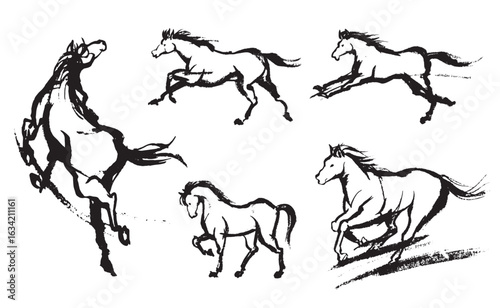 躍動感のある様々な馬の水墨画、午年の年賀状素材