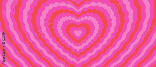 Pink wavy vector hypnotic heart shape tunnel. Cool funky groovy concentric heart banner. Bright vintage love wallpaper. Wide psychedelic hippie 70s backdrop. Cute retro abstract y2k fruit ice cream bg
