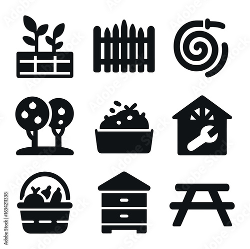 Urban Farm Icons. Solid, filled icons set of community urban farms: shared plot icon, fence gate, garden hose,