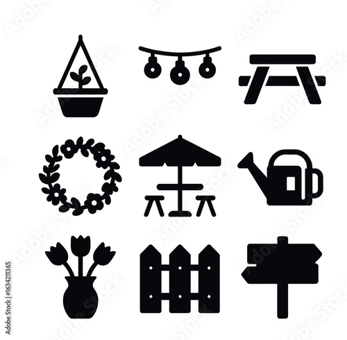 Garden Café Icons. Solid, filled icons set of garden café décor: hanging plants, string lights, picnic bench,