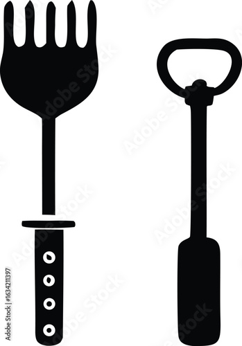 Silhouette of a garden rake and a bottle opener representing tools for outdoor activities and everyday convenience